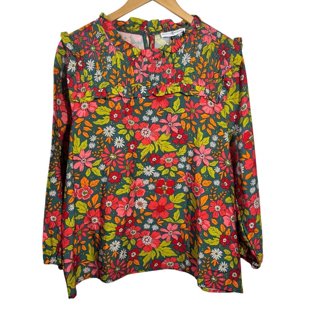 MICHELLE MCDOWELL Carter Top In Hopeful Romantic Teal Women M Floral Office NWT